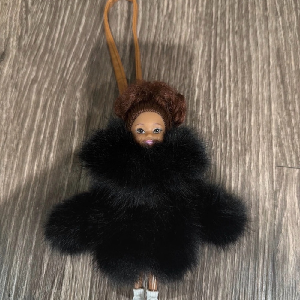 Barbie Doll Keychain with Black Fur and Brown Hair